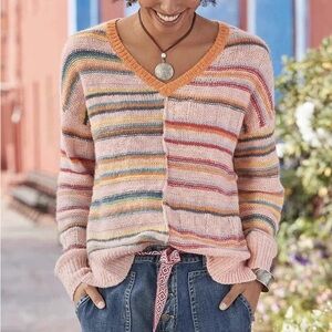 Sundance Catalog Sweater Women’s Colorful Striped Knit Oversized Peach Pink GUC